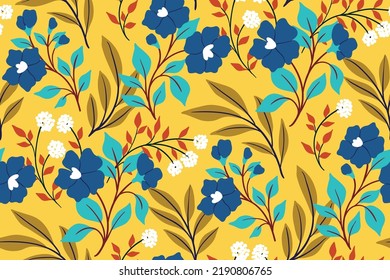 Seamless floral pattern, autumn ditsy print with hand drawn wild plants on a yellow field. Modern botanical background design with blue flowers on branches, herbs, leaves. Vector illustration.