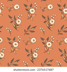 Seamless floral pattern, autumn ditsy print, ornament with folk motif. Simple cute botanical design: hand drawn small flowers, leaves, wild plants on a brown background. Vector illustration.