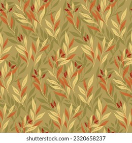 Nahtlose Blumenmuster mit Herbstflora im Vintage-Stil. Elegantes botanisches Design für den Druck: handgezeichnete Wildpflanzen, Zweige, Blätter, kleine Blumen auf ockerem Hintergrund. Vektorgrafik.