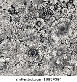 Seamless floral pattern. Autumn flowers and butterflies. Black and white