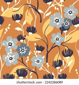 Patrón floral sin foco con jardín de otoño. Flor vintage con ramas de flores dibujadas a mano, hojas con fondo amarillo-marrón. Diseño botánico para tela, papel. Ilustración vectorial.