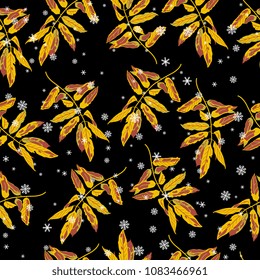 Seamless floral pattern with autumn leaves and snowflakes.