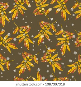 Seamless floral pattern with autumn leaves of rowan or ash tree and snowflakes. Flat cartoon style.
