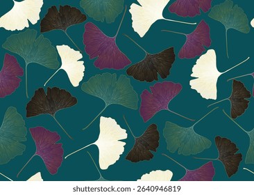 seamless floral pattern with autumn leaves, gold, purple and black gingko tree leaves isolated on green background	