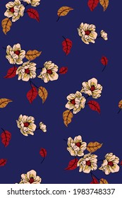 Patrón floral sin foco con ánimo otoñal. Flores blancas en una rama con hojas caídas. Composición abstracta de plantas. Ilustración vectorial.