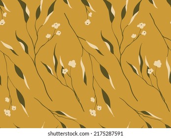 Seamless floral pattern, autumn floral print with branches in vintage style. Elegant botanical background with small flowers, leaves on thin branches on a yellow field. Vector illustration.
