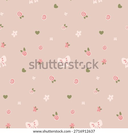 Seamless floral pattern, baby ditsy print with mini cute elements. Delicate girly surface design in beige colors. Small hand drawn flowers, roses, daisies, tiny hearts, bows. Vector illustration.