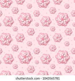 Seamless floral pattern, background with 3d pink paper cut out flowers. Vector illustration