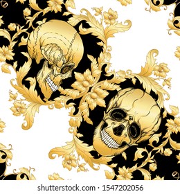 Seamless floral pattern, background In baroque style with human skull in gold white and black colors vector illustration
