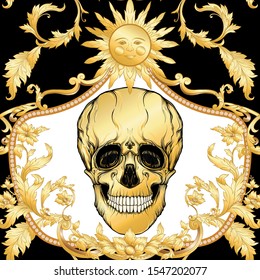 Seamless floral pattern, background In baroque style with human skull in gold white and black colors vector illustration