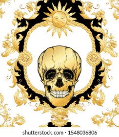 Seamless floral pattern, background In baroque style with human skull in gold white and black colors vector illustration