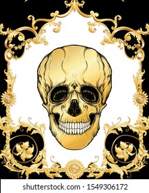 Seamless floral pattern, background In baroque style with human skull in gold white and black colors vector illustration