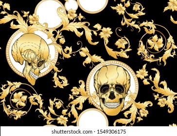 Seamless floral pattern, background In baroque style with human skull in gold white and black colors vector illustration