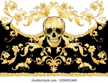 Seamless floral pattern, background In baroque style with human skull in gold white and black colors vector illustration