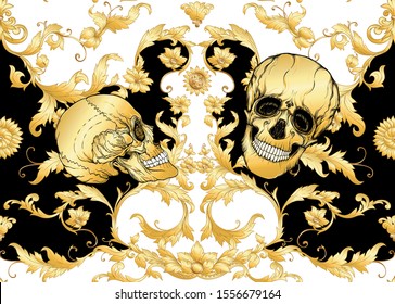 Seamless floral pattern, background In baroque style with human skull in gold white and black colors vector illustration