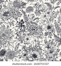 Padrão floral perfeito. Fundo com buquês de flores e bagas em estilo de gravação. Imprimir com flores de verão. Papel de parede com jardim florescente. Bela impressão para tecidos