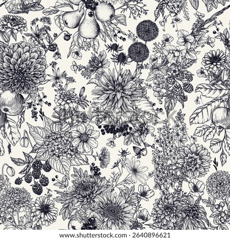 Seamless floral pattern. Background with bouquets of fall flowers, fruits and berries in engraving style. Print with autumn flowers. Wallpaper with a blooming garden. Beautiful print on fabric