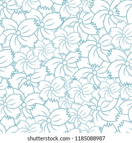 Seamless floral pattern. The background consists of contours of flowers. Blue strokes. Flowers of five petals