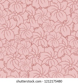 Seamless floral pattern. The background consists of contours of flowers.  Burgundy strokes. Flowers of five petals