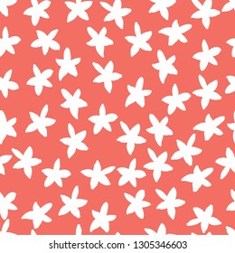 Seamless floral pattern background. Coral colour, endless hand drawing abstract doodle of falling bloom flowers with petals. Vector.