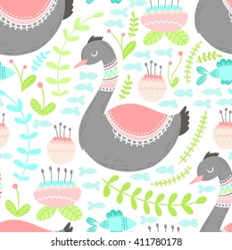 Seamless floral pattern background with elegant swan birds. Vector flower nature illustration. Colorful doodle repeats for fabrics and packaging.