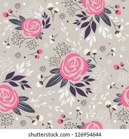 Seamless floral pattern. Background with flowers, leafs and berries.