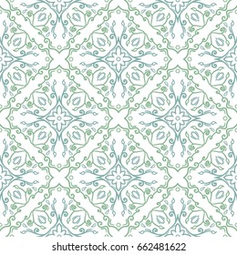 Seamless floral pattern background. Intricate floral motif vector background for webpage design. Green, blue and white color