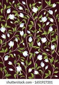 Seamless floral pattern background with magnolia flowers, spring branches. Vector illustration