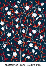Fondo de estampado floral sin fisuras con flores de magnolia, ramas y hojas rojas. Ilustración del vector