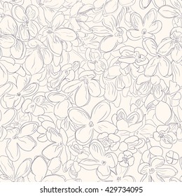 Seamless floral pattern background outline lilac flower violet on light beige, abstract ornate. EPS 10