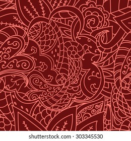 Seamless floral pattern. Background pink and red lace vector texture with leaves and flowers.