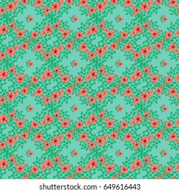 Seamless floral pattern. Background in red flowers on a green background for textiles, fabric, cotton fabric, covers, wallpaper, stamp, gift wrap, postcard.