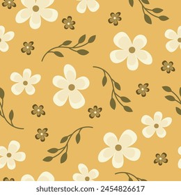 Seamless floral pattern. Background in small yellow flowers on a yellow background for textiles, fabric, cotton fabric, covers, wallpaper, print, gift wrapping, postcard, scrapbooking.