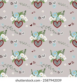 Seamless floral pattern. Background in small flowers and cute heart for textiles, fabrics, cotton fabric, covers, wallpaper, print, gift wrapping, postcard, scrapbooking.