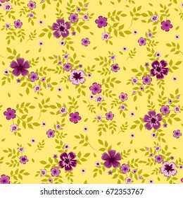Seamless floral pattern. Background in small purple flowers on a yellow background for textiles, fabric, cotton fabric, covers, wallpaper, print, gift wrap, postcard, scrapbooking.