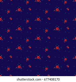 Seamless floral pattern. Background in small red flowers on a blue background for textiles, fabric, cotton fabric, covers, wallpaper, print, gift wrap, postcard, scrapbooking.