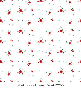 Seamless floral pattern. Background in small red flowers on a white background for textiles, fabric, cotton fabric, covers, wallpaper, stamp, gift wrapping, postcard, scrapbooking.