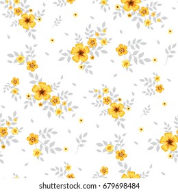 Seamless floral pattern. Background in small yellow flowers on a white background for textiles, fabric, cotton fabric, cover, wallpaper, stamp, gift wrap, postcard, scrapbooking.