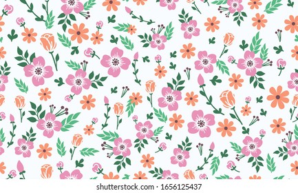 Seamless floral pattern background for spring, with leaf and flower drawing.