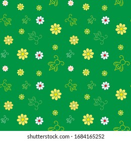 Seamless floral pattern background, Vector bee and flower in green tone, Hand drawn decorative element, Seamless backgrounds and wallpapers for fabric, packaging, Decorative print, Textile,