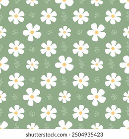Seamless floral pattern background vector. Simple flower pattern with green background.