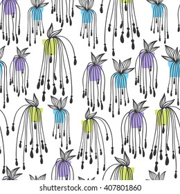 Seamless floral pattern background. Vector flower nature illustration. Colorful doodle repeat for fabrics and packaging with succulent flowers in gentle pale mint color.