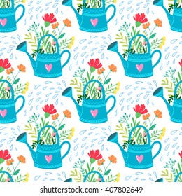 Seamless floral pattern background. Vector flower in watering can nature illustration. Colorful doodle repeats for fabrics and packaging.