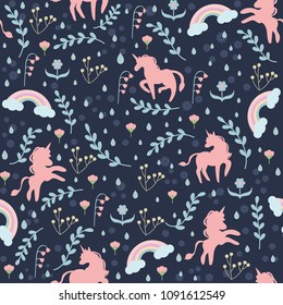 Seamless Floral Pattern Background Vintage With Unicorn And Rainbow Vector