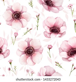 Seamless floral pattern background for wallpaper, card or fabric. Water color style, Anemone flower. Vector