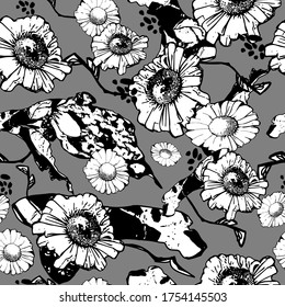 Seamless floral pattern background from white camomile flowers with leaves and stems on a dark gray background. Freehand outline drawing. For the design of textiles, postcards, wrapping, wallpaper