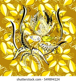 Seamless floral pattern. Background yellow and white contour vector texture with leaves and flowers.