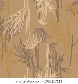 Seamless floral pattern with bamboo trees. Beige tropical background. Colored jungle wallpaper, nature illustration for fabric, textile or prints - Vector