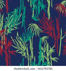 Seamless floral pattern with bamboo trees. Tropical background. Multicolored jungle wallpaper, nature illustration for fabric, textile or prints - Vector