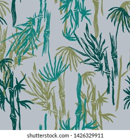 Seamless floral pattern with bamboo trees. Tropical grey background. Colored jungle wallpaper, nature illustration for fabric, textile or prints - Vector